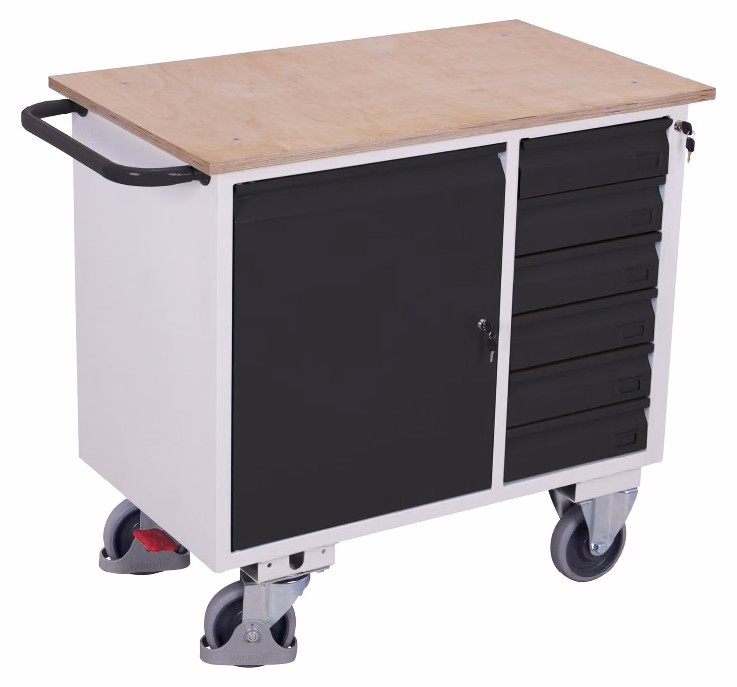 Carrello da officina VARIOfit con maniglia a scorrimento, armadietto, 6 cassetti e ampia superficie di carico di 1000x600 mm, colore grigio antracite RAL 7016