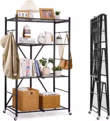 VEVOR Scaffale Portaoggetti Pieghevole a 4 Ripiani in Metallo con Ruote, Nero, L 53 cm x P 91 cm x H 152 cm