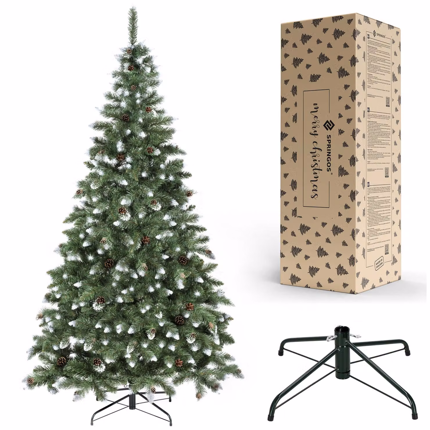 Albero di Natale artificiale di 220 cm pino diamante con neve artificiale e pigne vere Albero di Natale dall'aspetto invernale