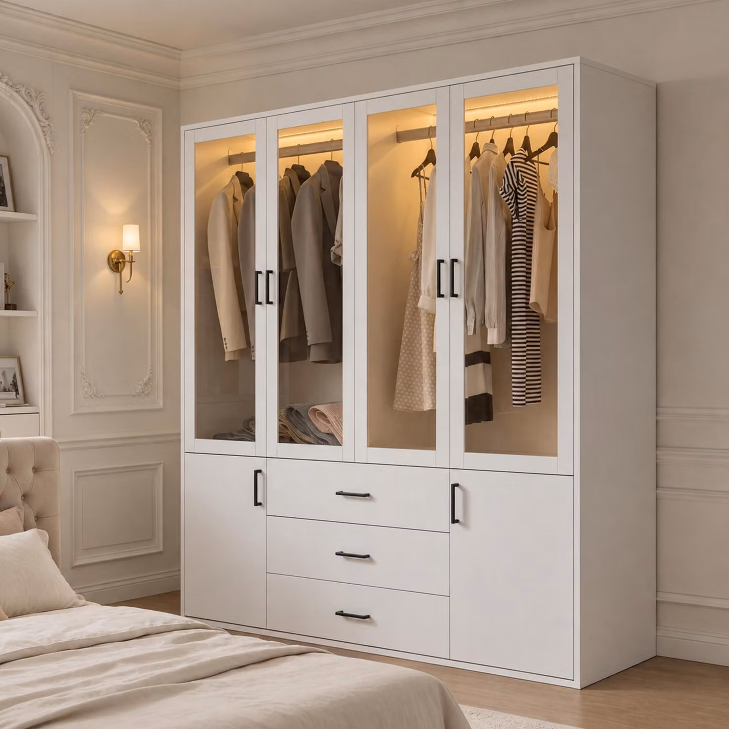Armadio INONEFT con LED, 6 ante e 3 cassetti, dimensioni 160x51,8x181,5 cm, armadio per l'ingresso, armadio con ante a battente, armadio per la camera da letto, mobile contenitore, colore bianco