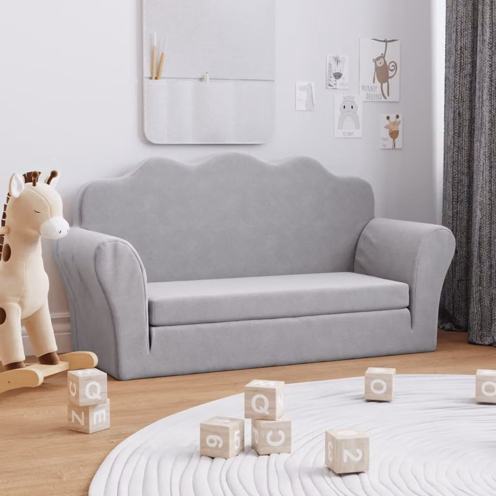 vidaXL Divano Letto per Bambini a 2 Posti in Morbido Peluche Grigio Chiaro L: 94 cm, P: 48 cm, H: 34 cm