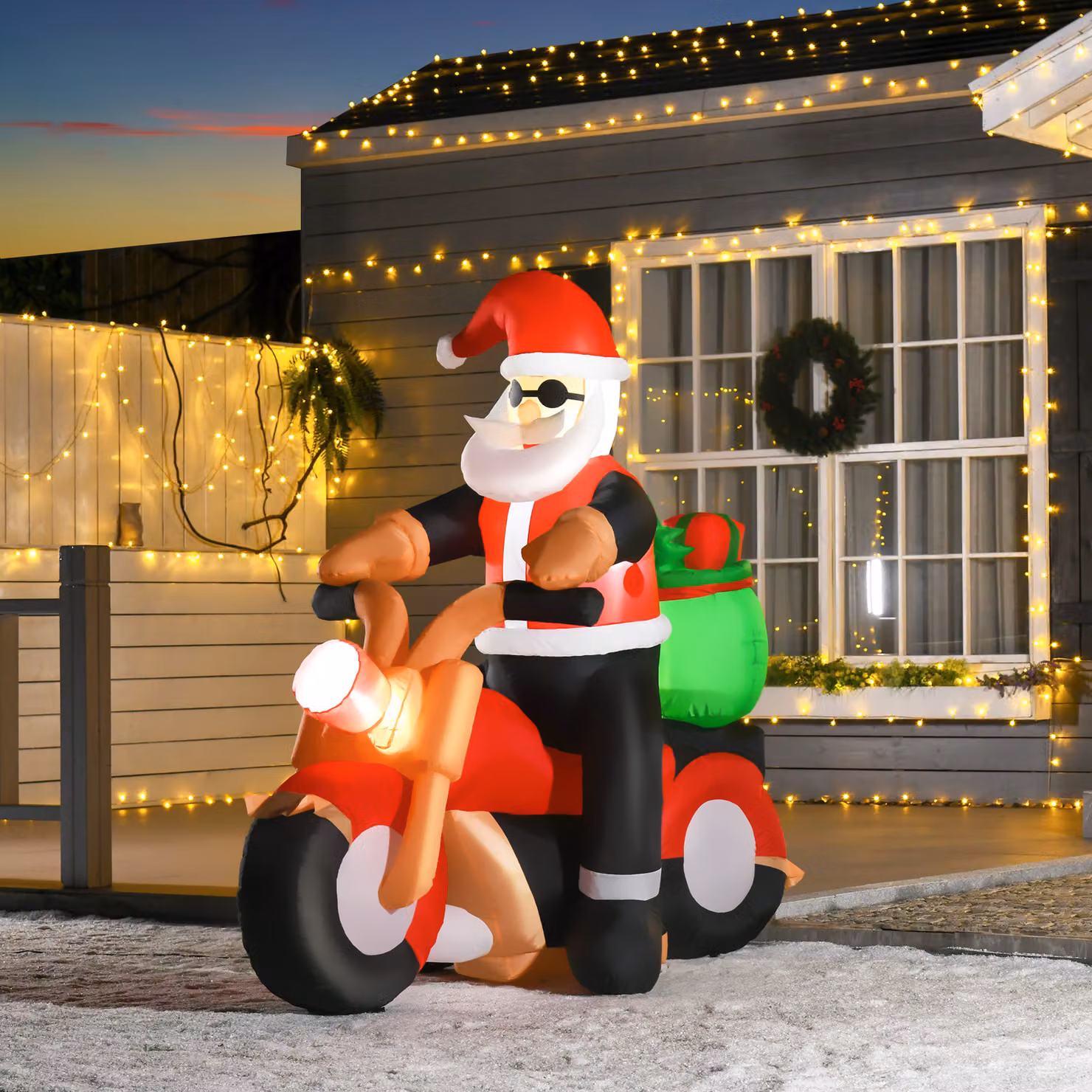 Decorazione Natalizia Gonfiabile HOMCOM Babbo Natale su Motocicletta con Luci LED Multicolore, Altezza: 165 cm – 2