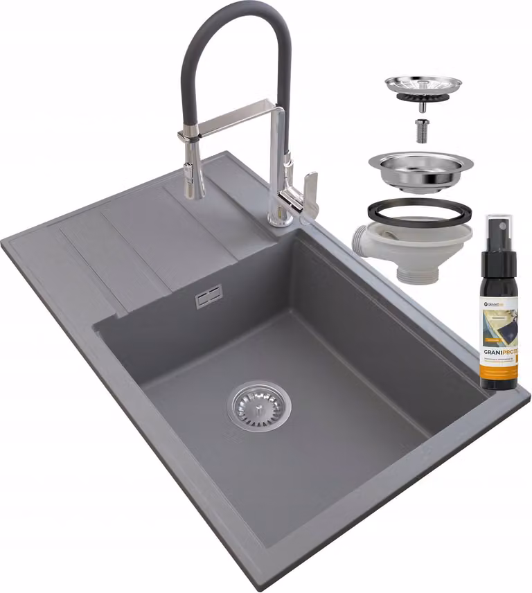 Granitan - Lavello in granito - Lavello da cucina - 80x50 cm - Grigio - Lavello - LOUIS