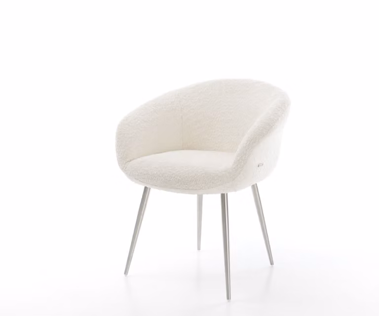 DELIFE Sedia da pranzo Vinka-Flex con braccioli Bouclé Bianco 4 gambe coniche in acciaio inossidabile Molle insacchettate