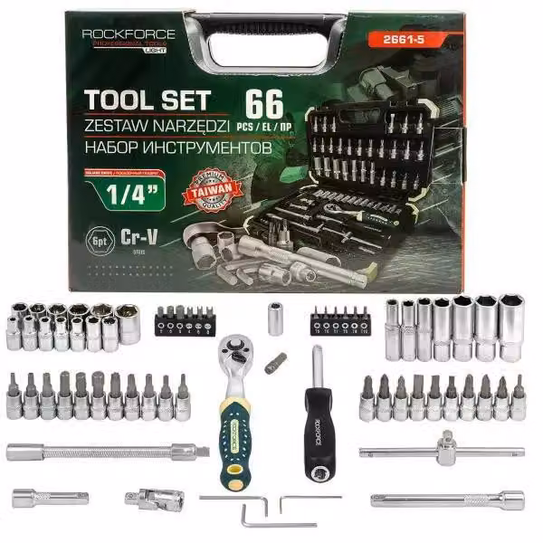 Set di utensili 1/4" 66 pezzi esagonali 4-14 mm Cricchetto con chiavi a bussola e punte Rockforce