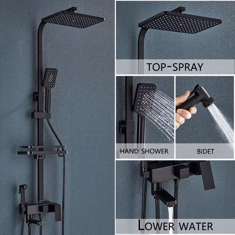 Set doccia da parete per vasca da bagno - Sistema doccia a 4 uscite con miscelatore - Doccia a pioggia 20–40 cm + soffione manuale + bocchetta per vasca - Monocomando - Acqua calda/fredda - Nero, materiale ABS