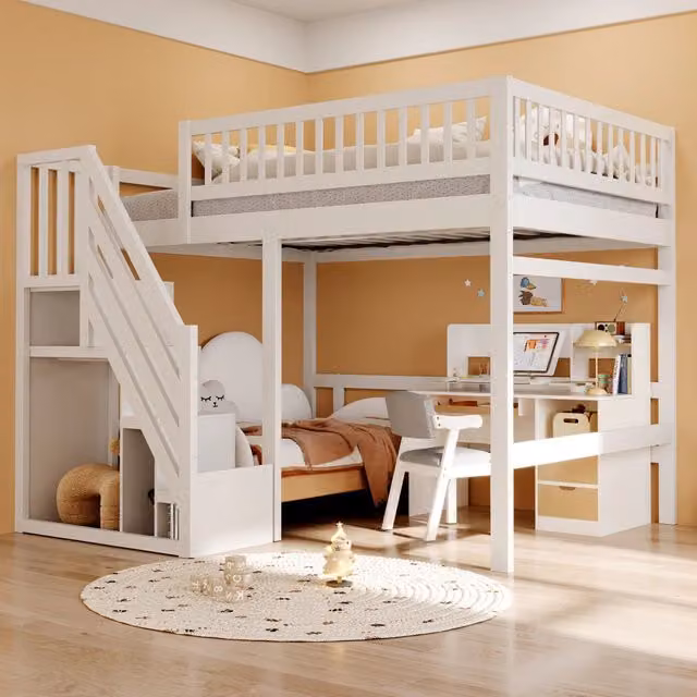 Letto in legno massello 140 x 200 cm con scala e armadio contenitore, ringhiera alta, per bambini e ragazzi, Bianco (vecchio SKU LDB00165AAK)