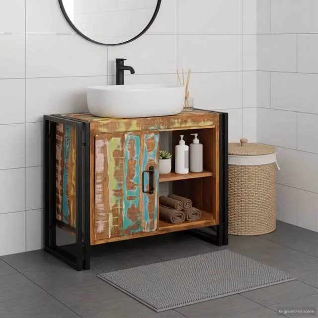 Armadio sottolavello vidaXL in legno e metallo multicolore con ante a battente e ripiani interni per bagno – 1