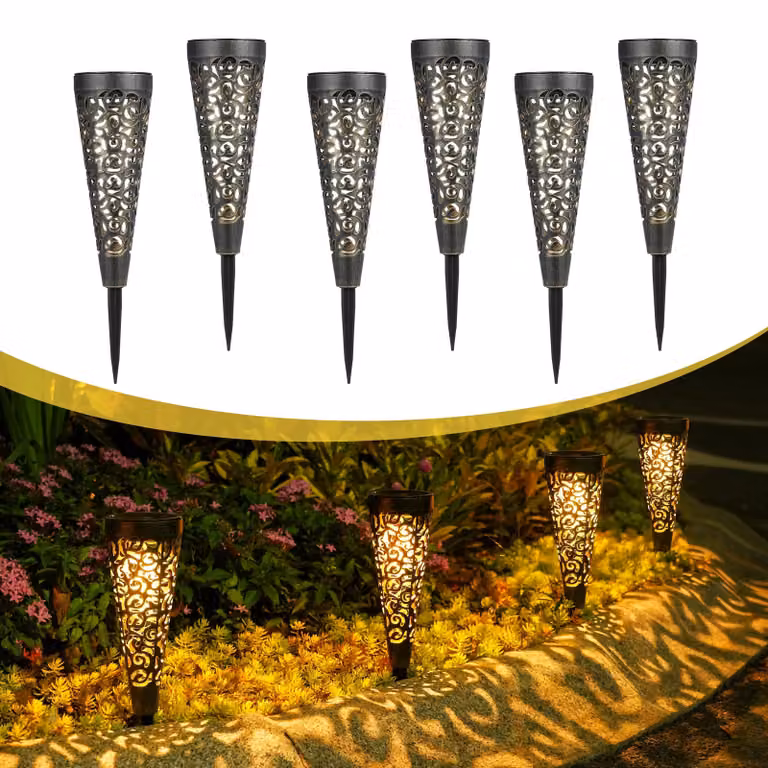 Lampade da giardino solari, set da 6 pezzi, grado di protezione IP65, 15 lumen, luce bianco caldo, stile vintage