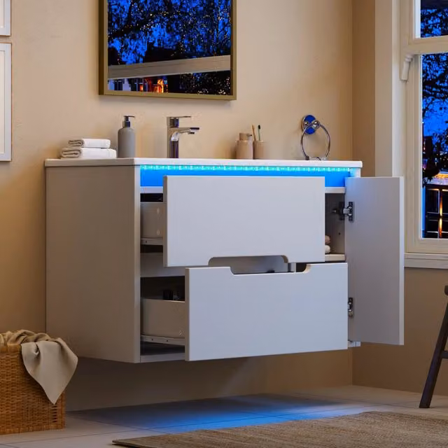 Mobile bagno sospeso 81 cm con lavabo in ceramica; LED controllato da app; MDF bianco