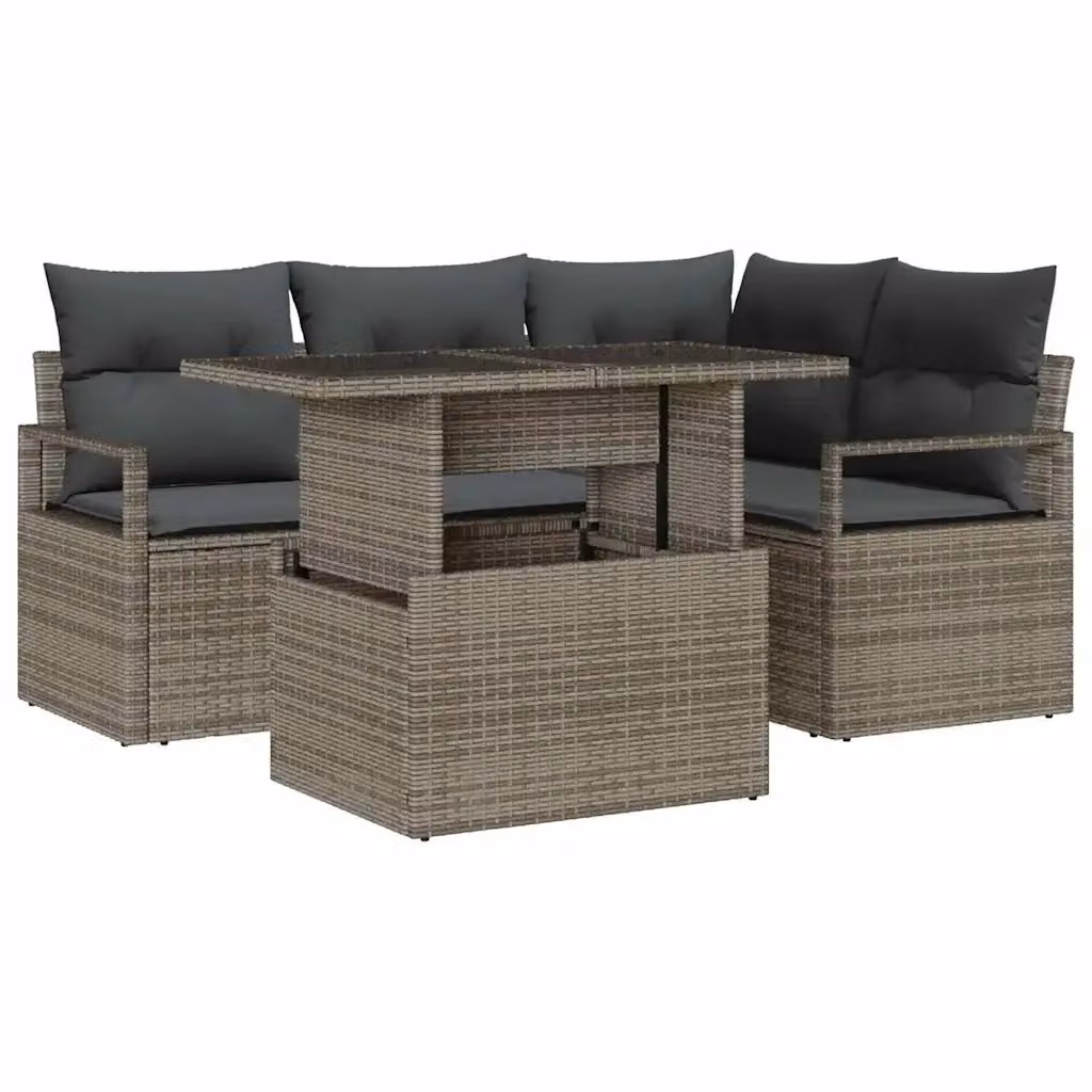Set Divano da Giardino vidaXL 5 Pezzi a Forma di L Grigio con Cuscini e Tavolino in Vetro – 2