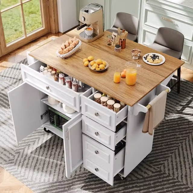 Isola cucina moderna - Zephmum- 110¡Á45-75¡Á92cm- Bianco- Carrello servizio rimovibile, motivo vintage, multifunzionale