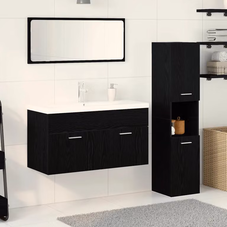 Set di mobili per il bagno moderno vidaXL 4 pezzi in legno e metallo nero e rovere con specchio e ripiani interni