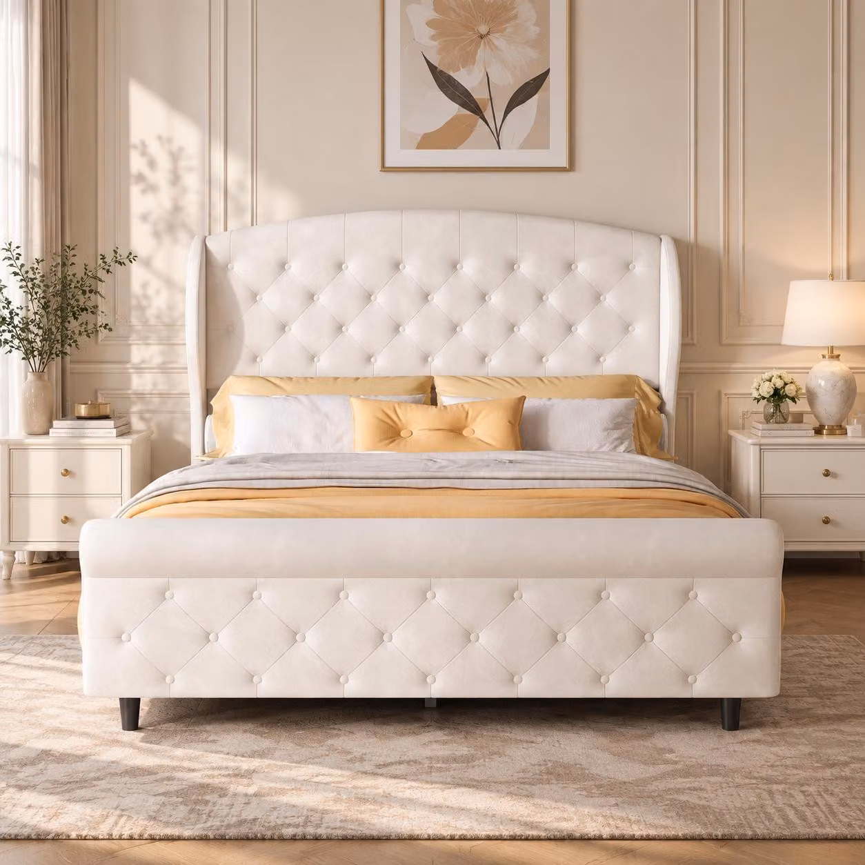 Letto imbottito INONEFT, 140x200 cm, modello a slitta, adatto per ragazzi, con testiera e rete a listelli, per bambini, senza materasso, in velluto, color beige