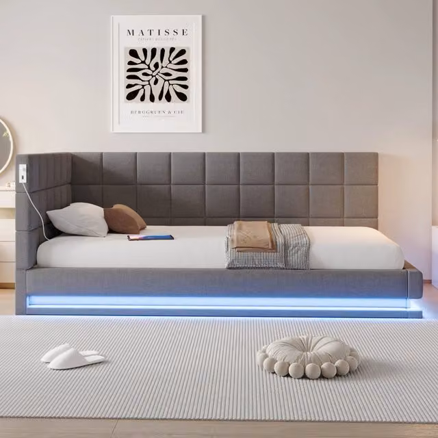 Divano letto MIVRAY in lino grigio con illuminazione LED controllabile da smartphone e porte USB, L/P/H: 90 x 200 cm
