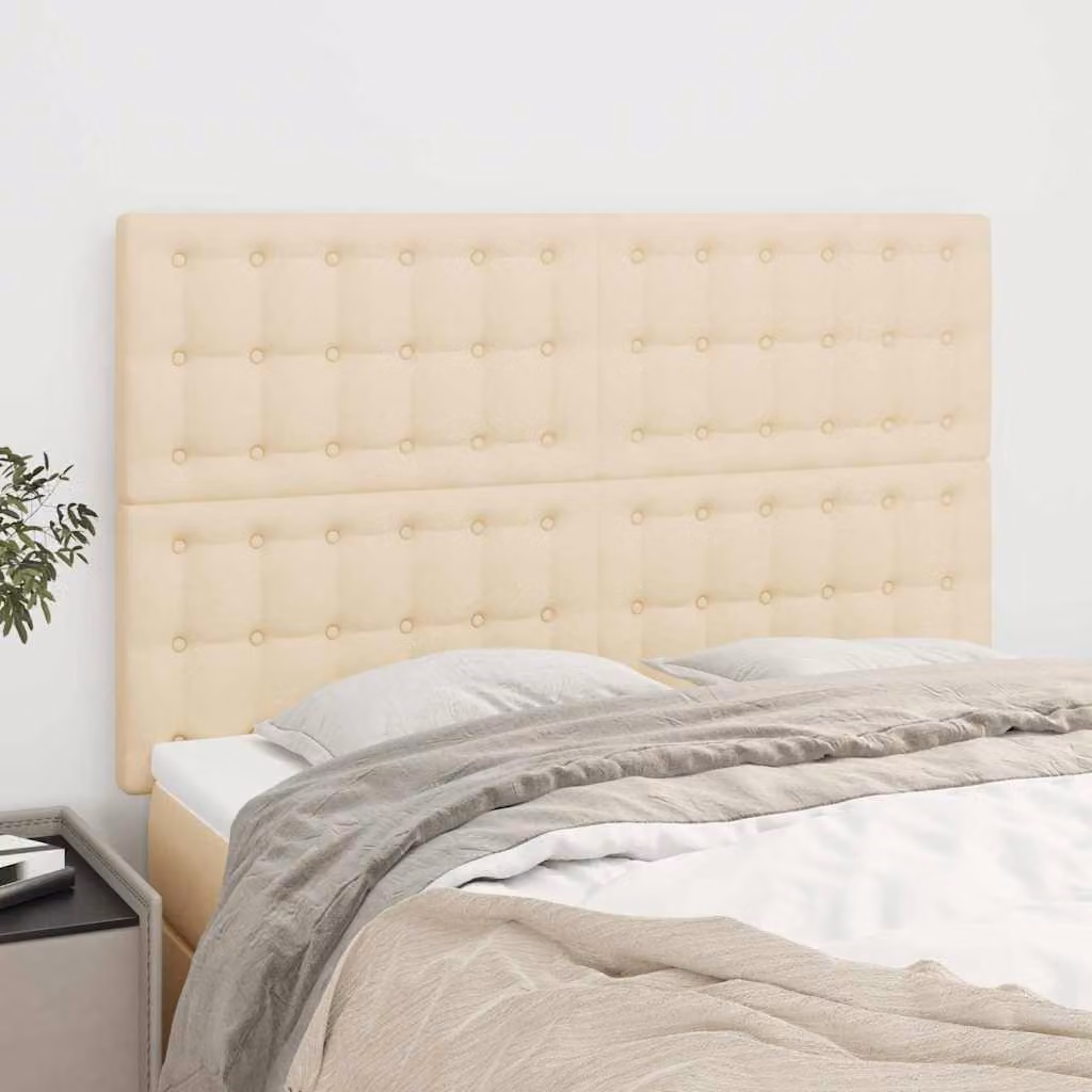 Testiera per letto vidaXL in tessuto beige con struttura in legno e MDF, L: 144 cm, P: 5 cm, H: 118/128 cm
