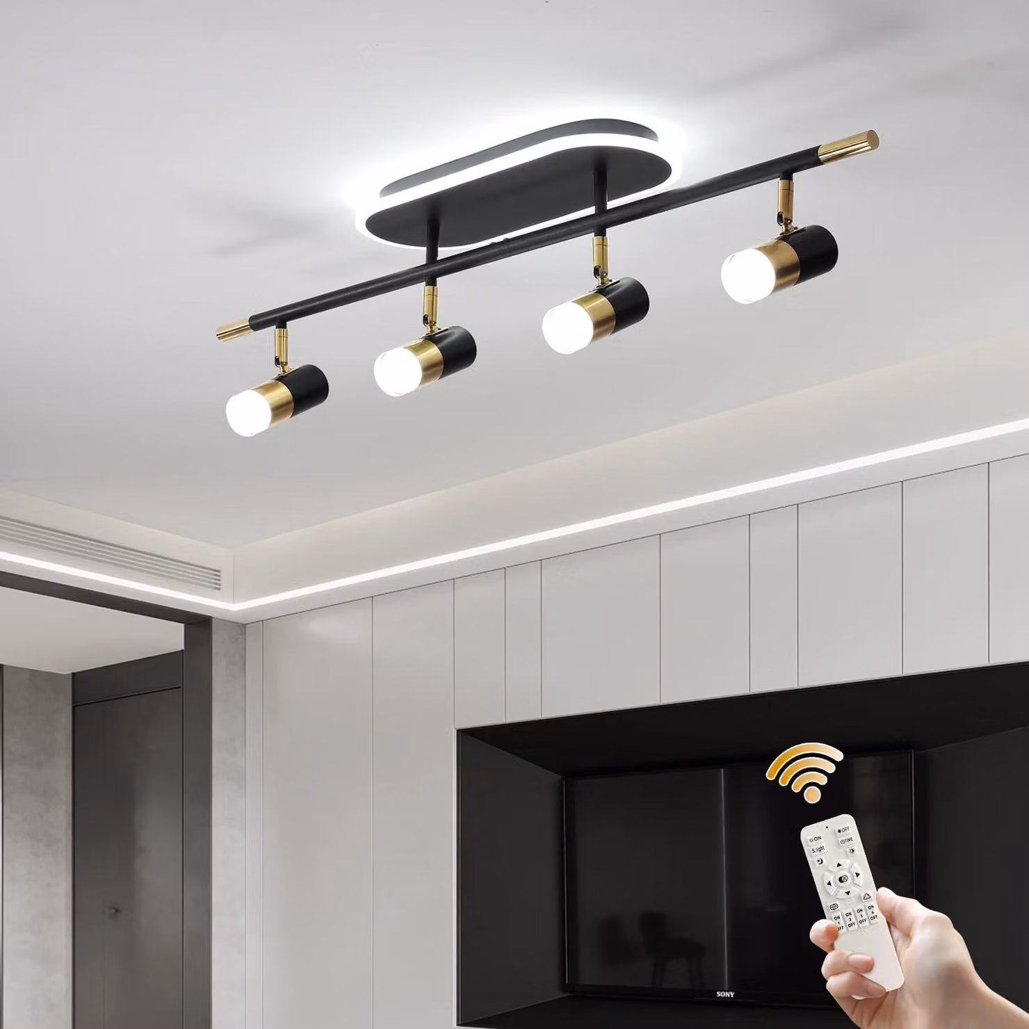 Lampada a soffitto a LED, diametro 90 cm, dimmerabile, con 4 faretti, colore nero