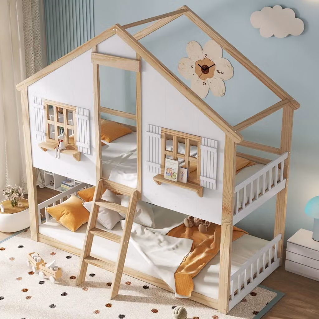 Letto a castello per bambini con struttura a casetta, scala inclinata e sponde laterali, colore bianco, L/P/H: 200 x 90 x 190 cm – 2