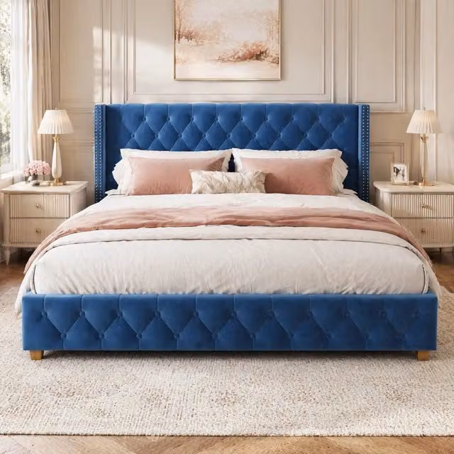 Letto imbottito 160x200 cm con testiera in velluto blu e gambe in legno