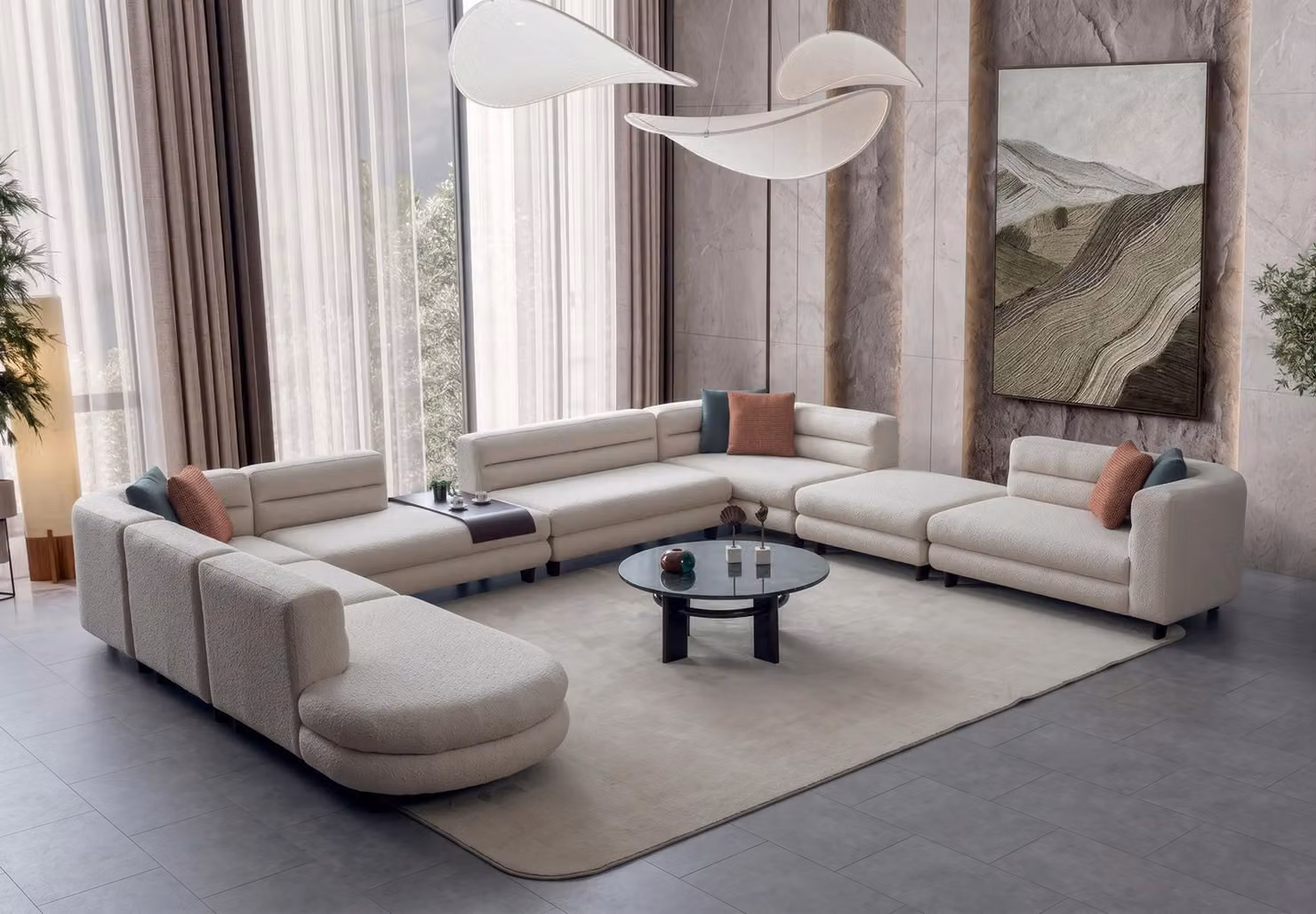 Divano angolare componibile, rivestito in tessuto boucle bianco, per un elevato comfort