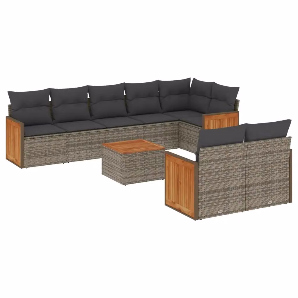 vidaXL Set Divano da Giardino 9 pz in Polyrattan Grigio con Cuscini e Tavolino da Esterno – 2