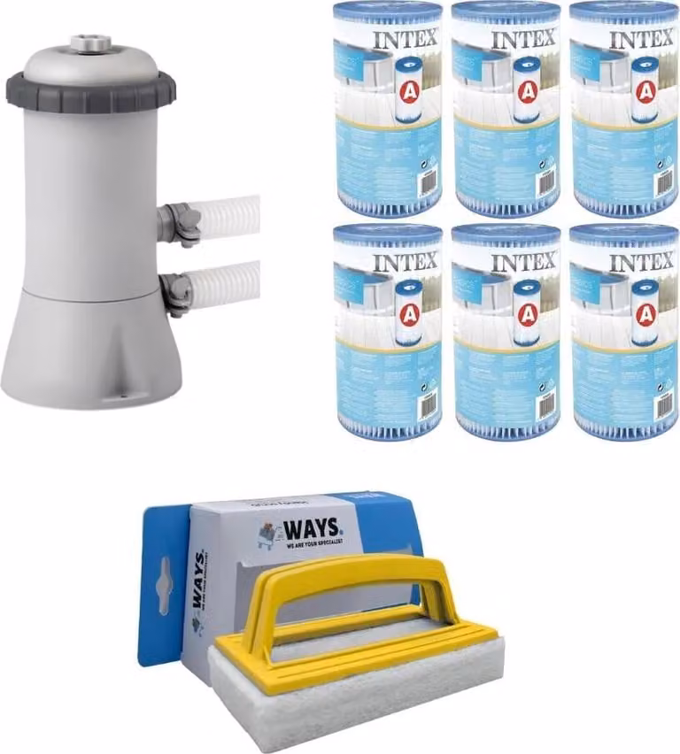 WAYS - Cura della piscina - Pompa filtro 2271 L/u e 6 filtri di tipo A & spazzola WAYS per il lavaggio