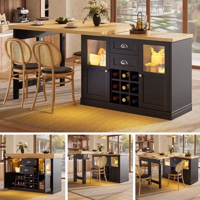 Tavolo da pranzo allungabile salvaspazio ¨C Minimal ¨C 120-197cm bianco nero con spazio di archiviazione e portavini