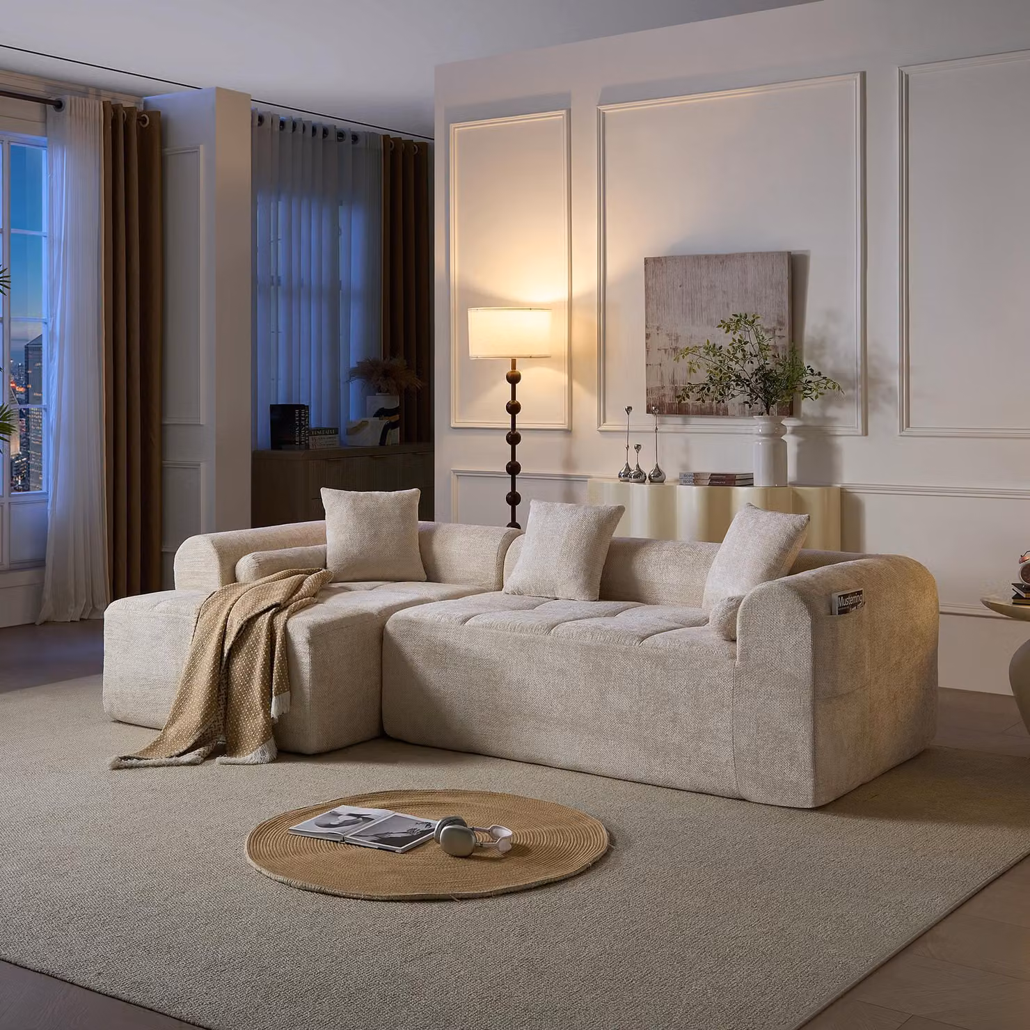 Divano a tre posti da 263 cm, in tessuto tipo ciniglia, compresso e confezionato sottovuoto, confortevole e versatile (beige)