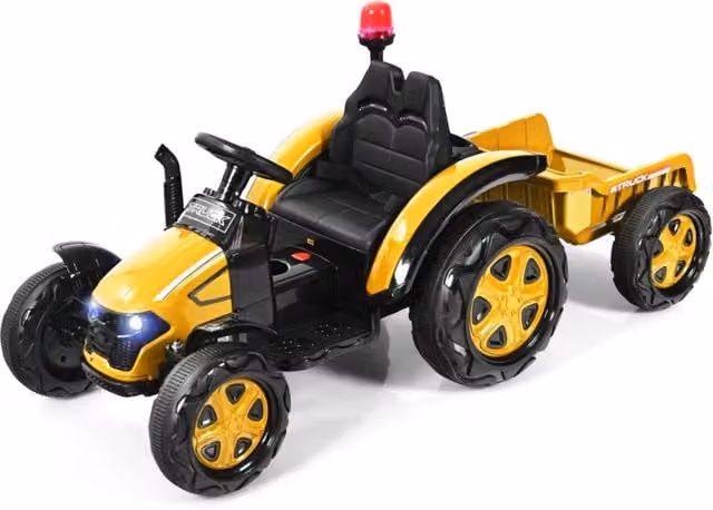 Trattore elettrico per bambini con rimorchio e telecomando, Trattore giocattolo con cintura di sicurezza Giallo-Macchinine giocattoli