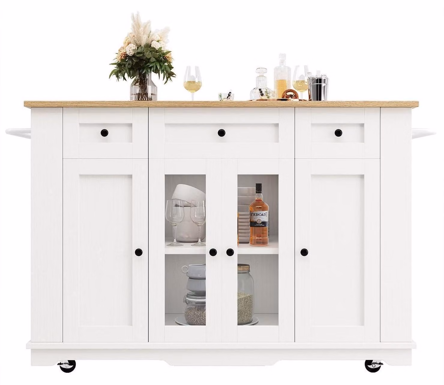 Isola da cucina con piano di lavoro e ripiani laterali estraibili, colore bianco, dimensioni 151,5 x 60 x 91,7 cm