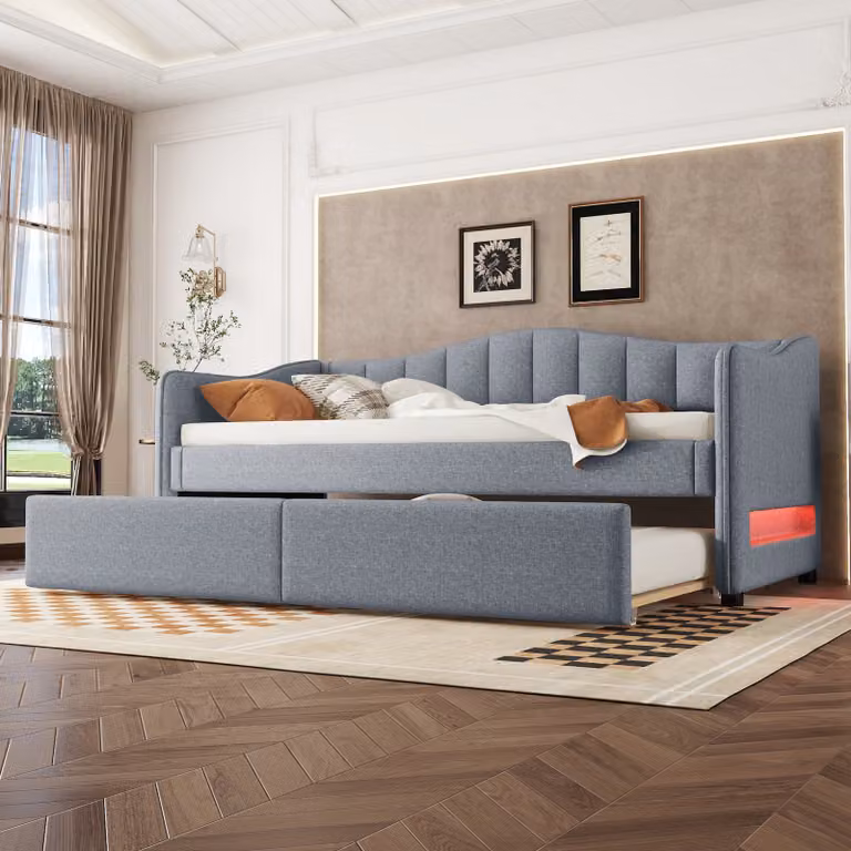 Letto imbottito Flieks 90x200cm con letto estraibile, divano letto da giorno con LED, divano letto funzionale letto per giovani letto per ospiti, biancheria, grigio