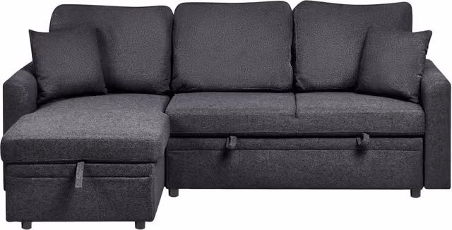 Divano letto angolare con contenitore lato destro nero rivestimento in poliestere effetto lino contenitore cuscini design moderno