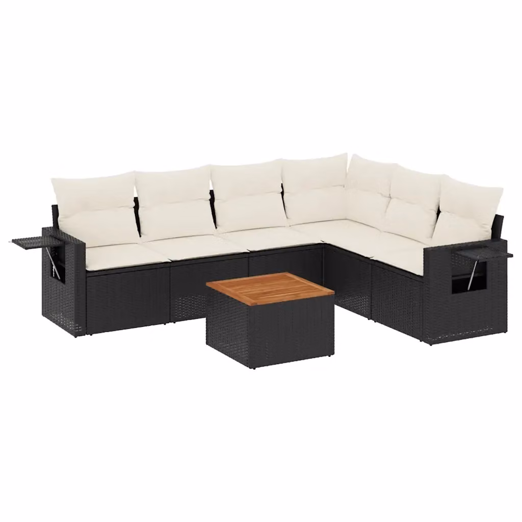 Set Divani da Giardino a L vidaXL in Polyrattan Nero con 7 Cuscini e Tavolino – 2