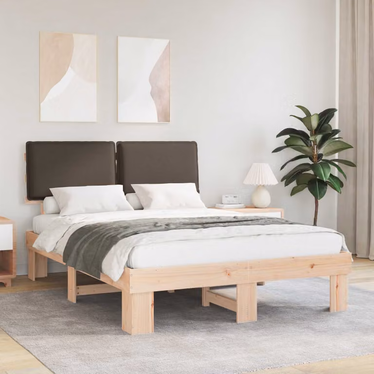 Letto con Testiera Rivestita in Tessuto e Struttura in Pino Massello vidaXL, L/P: 140 x 190 cm, Colore Beige/Grigio