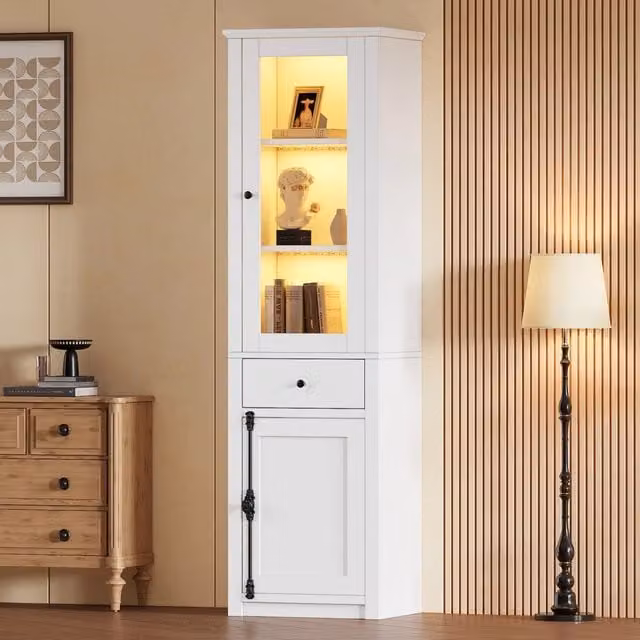 Vetrina alta 55x40x200 cm bianca con 1 cassetto, 2 ante e LED. Maniglie in metallo e lega di alluminio