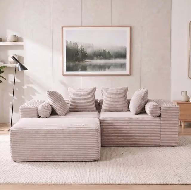 Divano modulare componibile a L con chaise longue; senza montaggio; in schiuma e molle; beige