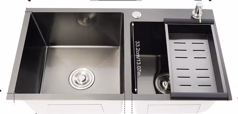 Lavello da cucina a doppia vasca, struttura in acciaio inossidabile, installazione sottobanco, con dispenser per sapone