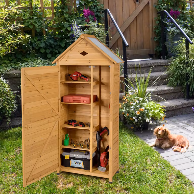 Costway Armadio da esterno per attrezzi in legno, Casetta da giardino 70x45x160cm Naturale