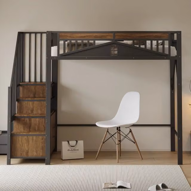 Letto a soppalco 90x200 cm in metallo; struttura rialzata nera con scala contenitore