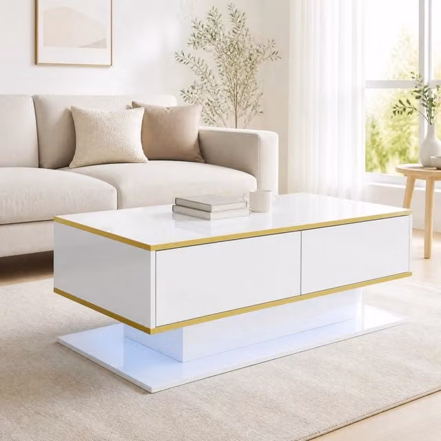 Tavolino da salotto ULEVR 100x50x40 cm con LED regolabile, 3 cassetti e vano aperto, bianco con dettagli oro