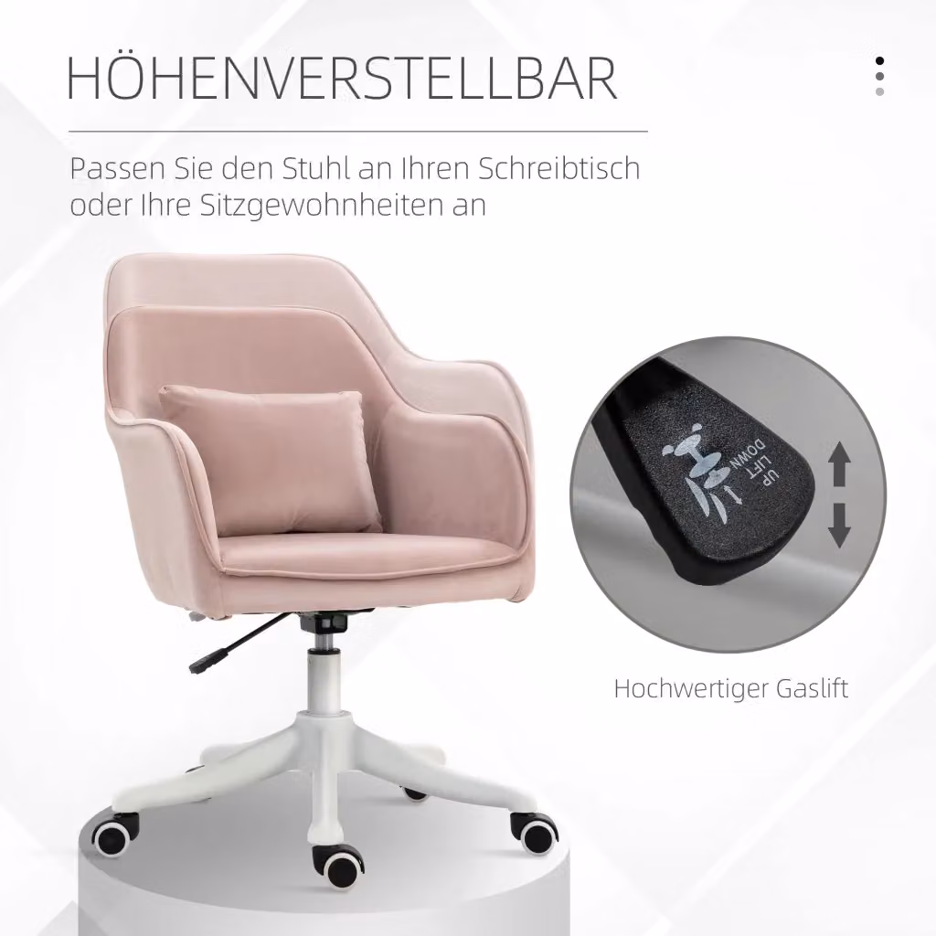 Sedia da ufficio girevole REDOM in velluto rosa con funzione massaggio, L: 57 cm, P: 70 cm, H: 78-86 cm – 2