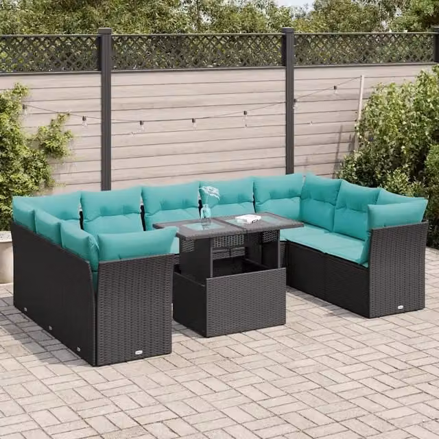Set Divani da Giardino 10 pz con Cuscini Polyrattan Acacia Nero 3326218