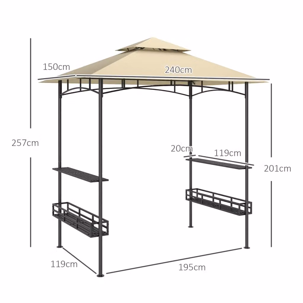 Pavillon da barbecue WISHDOR in acciaio zincato e poliestere, beige, con doppio tetto e ripiani laterali, L 240 x P 150 x H 257 cm – 2