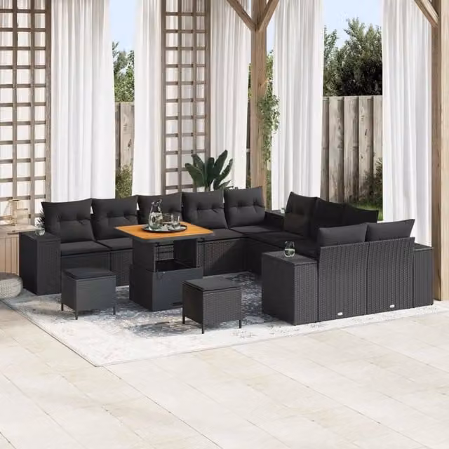 Set Divano da Giardino a L vidaXL in Polyrattan Nero con 13 Pezzi e Cuscini Inclusi – 1