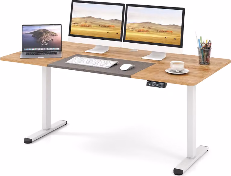 COSTWAY scrivania regolabile in altezza 140 x 70 cm, scrivania in piedi con funzione di memoria e gestione dei cavi, scrivania per computer, natura