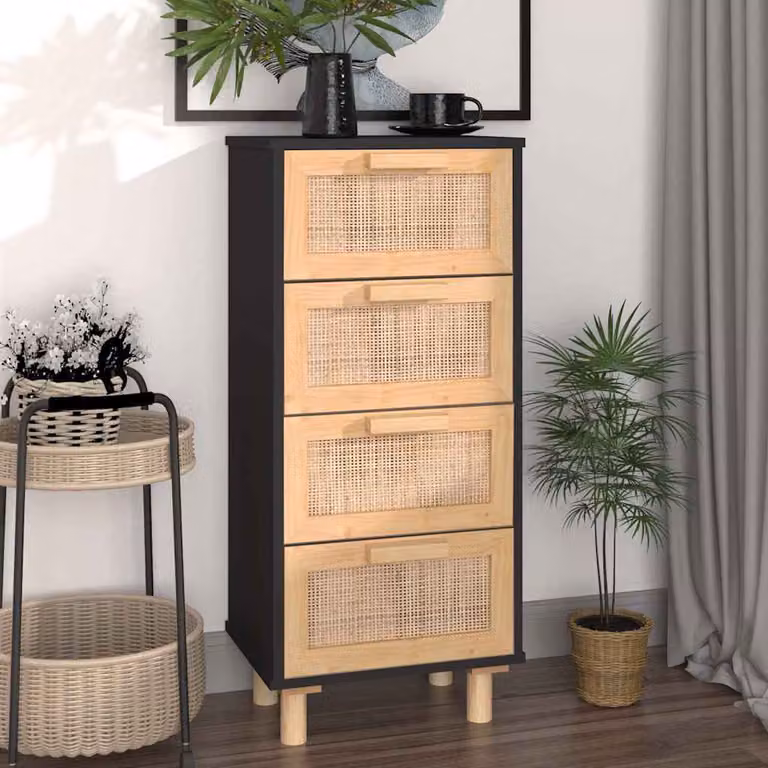 Credenza vidaXL in legno di pino massello e rattan naturale, colore nero, L 40 cm x P 30 cm x H 90 cm