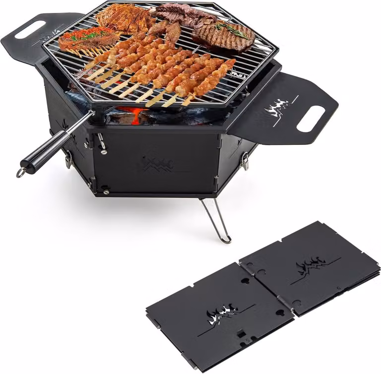 Barbecue a carbonella pieghevole KOMFOTTEU, barbecue da campeggio con griglia girevole a 360°, barbecue da tavolo con griglia in acciaio inossidabile