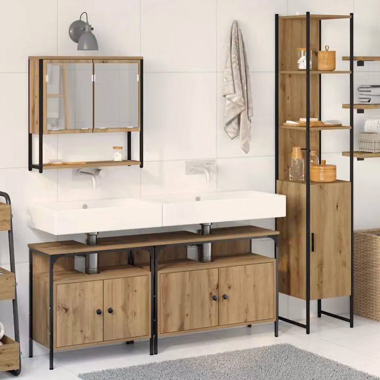 Set di mobili da bagno moderno vidaXL in legno e metallo color rovere e nero, composto da armadietto con specchio, mobile lavabo e colonna alta