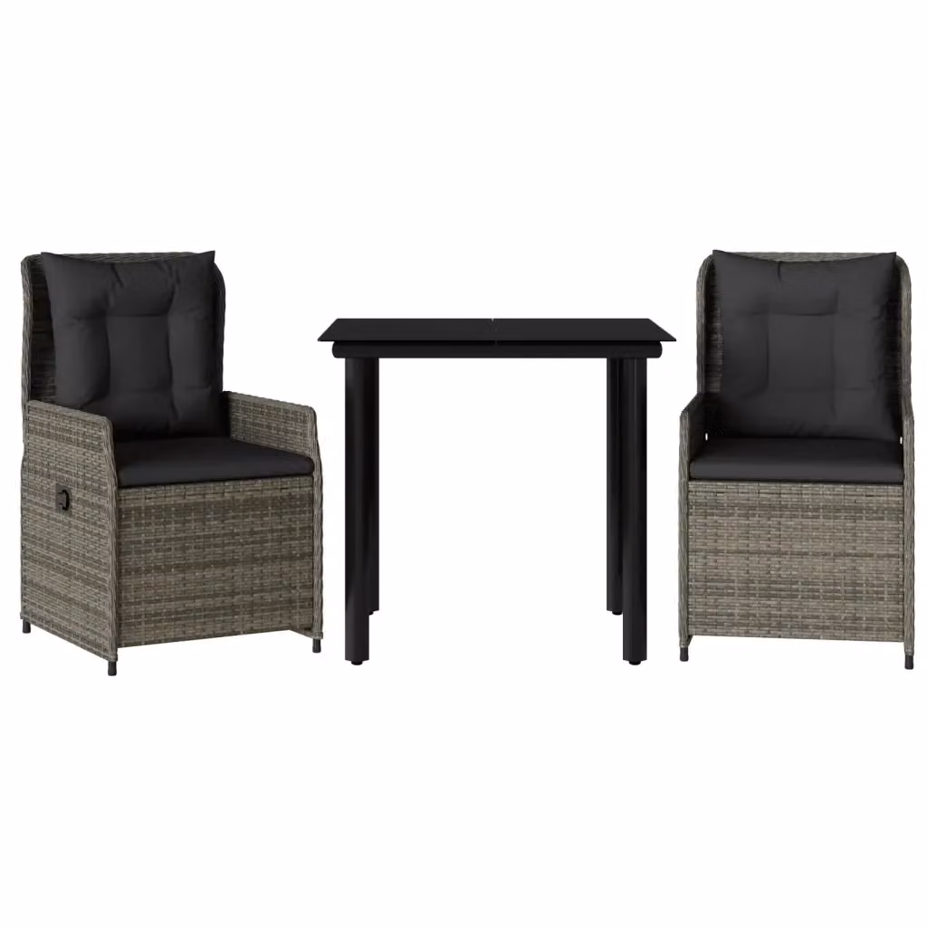 Set da Pranzo da Giardino 3 pz vidaXL in Polyrattan Grigio e Nero con Piano in Vetro – 2