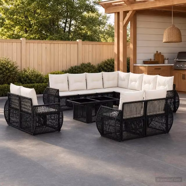 Set Divano da Giardino Moderno vidaXL in Polyrattan Nero e Bianco Crema 12 pz